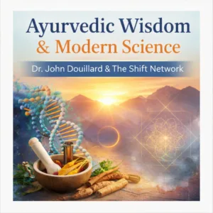 Ilustración simbólica que representa la sabiduría ayurvédica y la ciencia moderna, con hierbas, una hélice de ADN y un amanecer, para un programa de salud consciente y longevidad del Dr. John Douillard y The Shift Network.