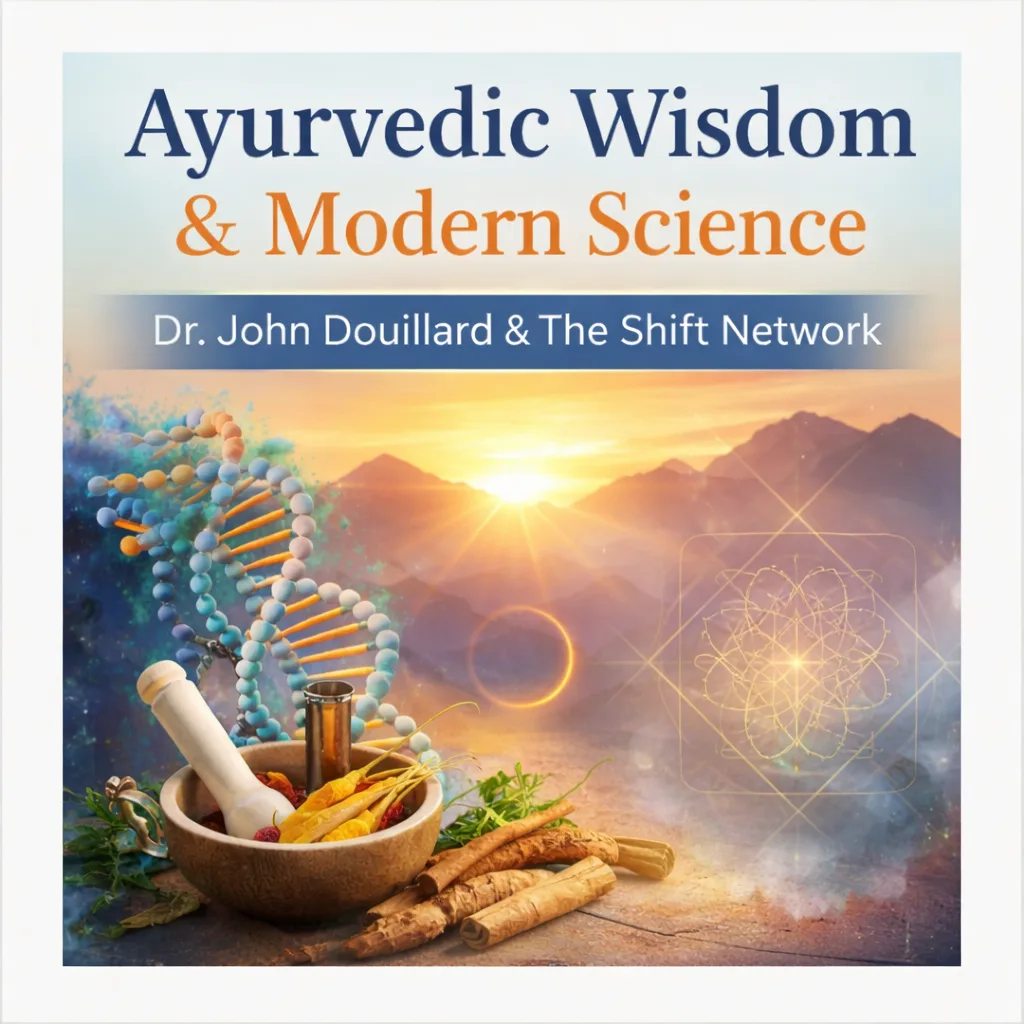 Ilustración simbólica que representa la sabiduría ayurvédica y la ciencia moderna, con hierbas, una hélice de ADN y un amanecer, para un programa de salud consciente y longevidad del Dr. John Douillard y The Shift Network.