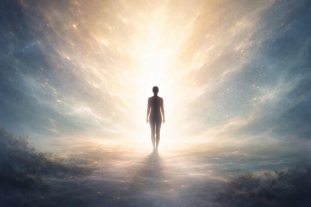 A calm human figure at the threshold of light, representing a near-death experience and the continuity of consciousnessA calm human figure at the threshold of light, representing a near-death experience and the continuity of consciousness
