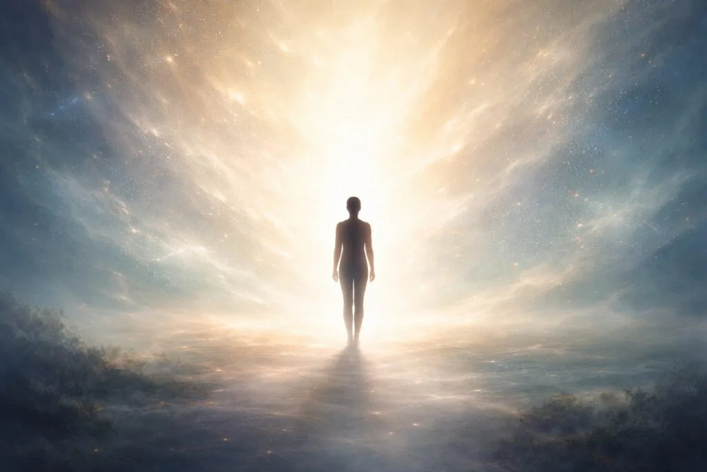 Una figura humana tranquila en el umbral de la luz, que representa una experiencia cercana a la muerte y la continuidad de la conciencia.Una figura humana tranquila en el umbral de la luz, que representa una experiencia cercana a la muerte y la continuidad de la conciencia.